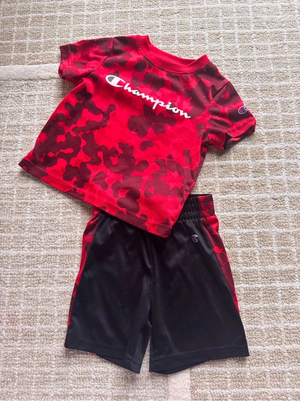 Champion Red Camo Tee with Black Athletic Shorts - Kids Set